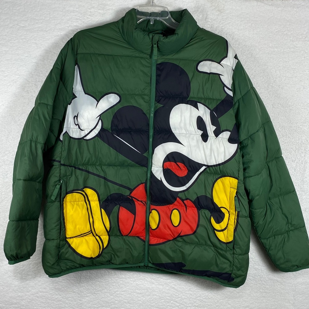 Disney Mickey Mouse Green Puffer Jacket XXL Full Zip Graphic Quilted Coat